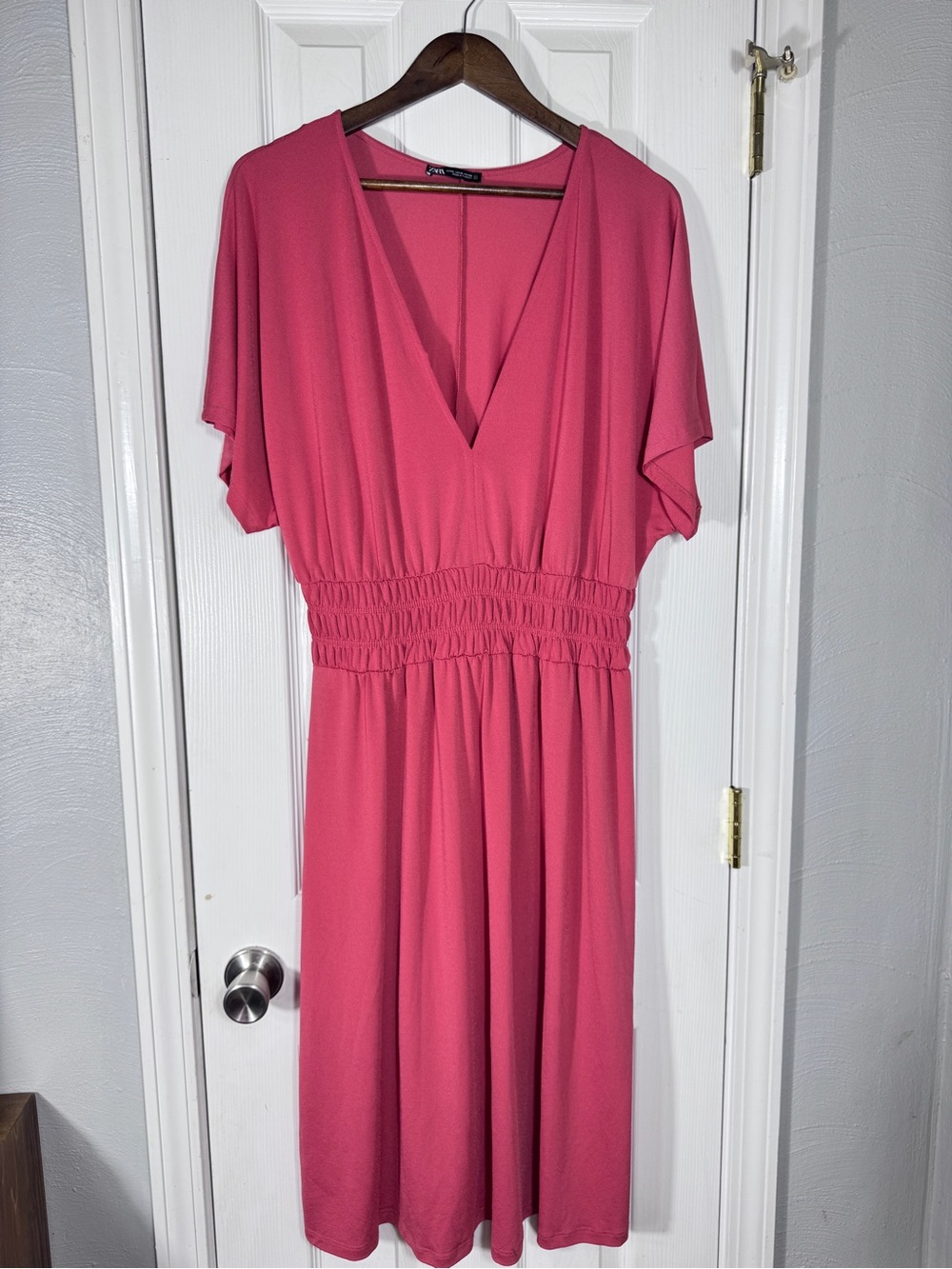 Zara Dark Pink V-Neck Elastic Smocked Waist Midi Dress XL 1198/454